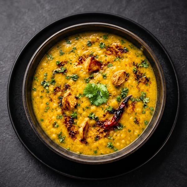 Vibrant yellow lentil dal garnished with fresh cilantro, roasted garlic, and a dried red chili.