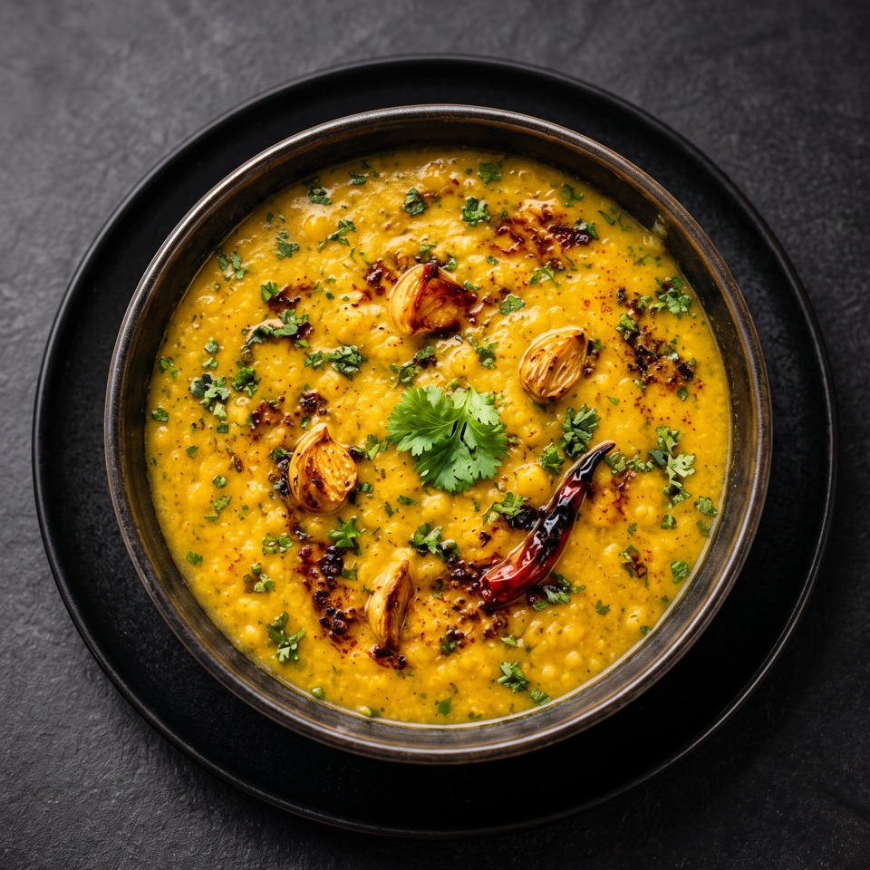 Vibrant yellow lentil dal garnished with fresh cilantro, roasted garlic, and a dried red chili.