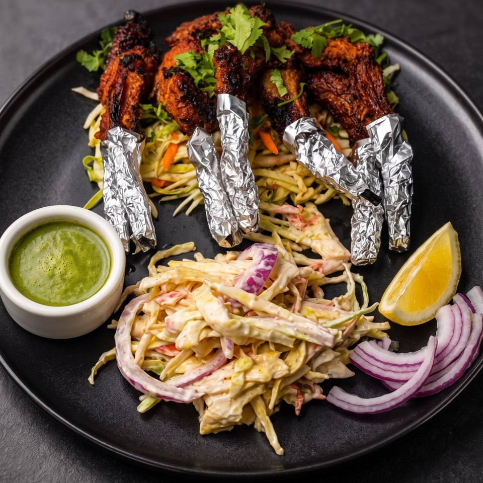 Chicken lollipops with cilantro, coleslaw, green sauce, lemon, and red onion on a black plate.
