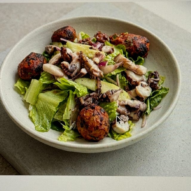 Charred Octopus & Achari Smashed Potato Salad.